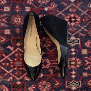 Audrey Brooke Black Patent and Black Suede Wedge Pumps
